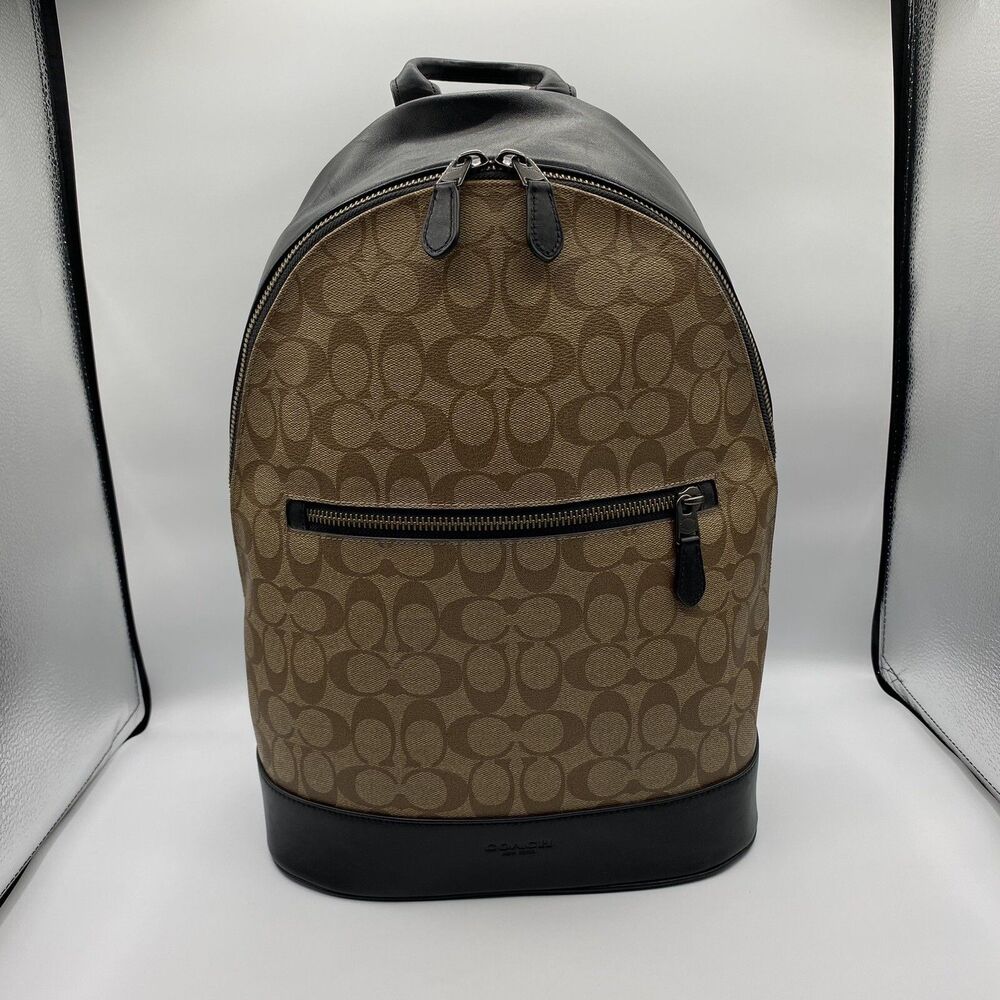 Auth COACH West Slim Backpack In Signature Canvas F78756 Beige/Black